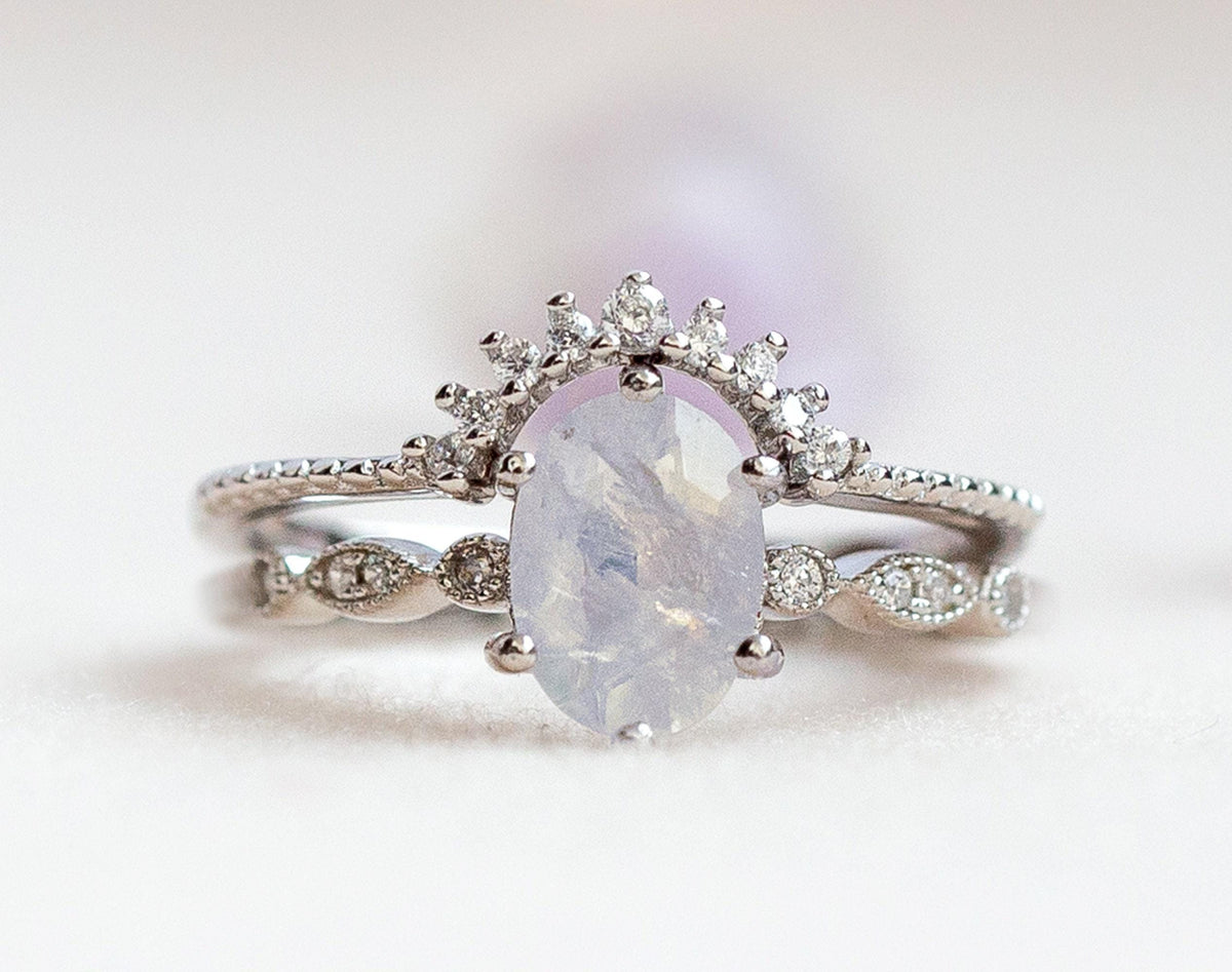 Moonstone Engagement Ring Set: Sterling Silver Rhodium Crown