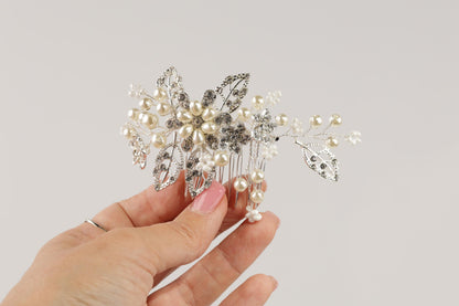 Pearl Floral Bridal Hair Comb, Silver Wedding Hairpiece
