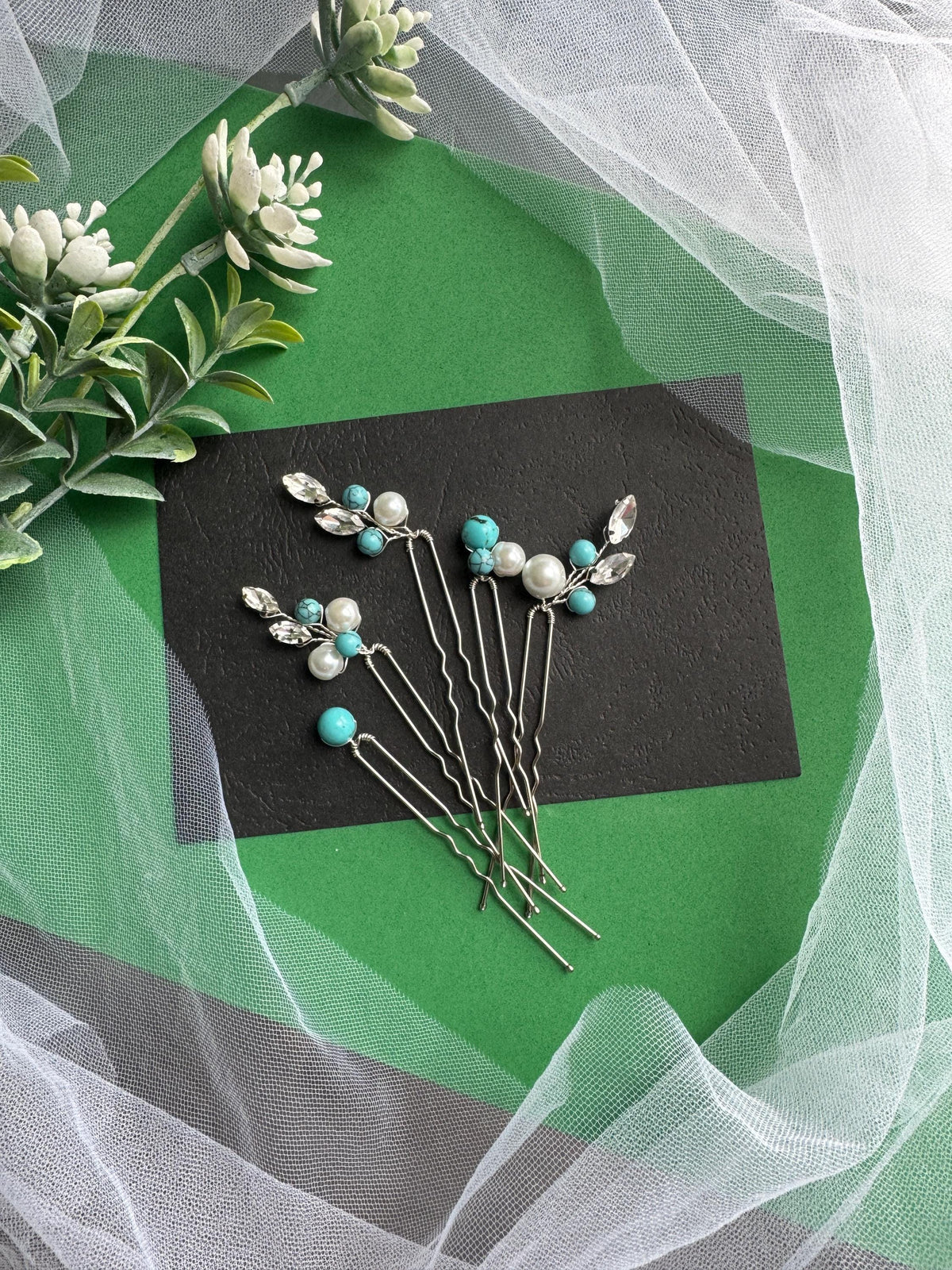 Turquoise Bridal Hair Pins Set of 5, Crystal Pearl Wedding Hairpiece, Blue Bridal Pins