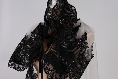 Bridal Cape White with Black Lace Trim, 60 Inch