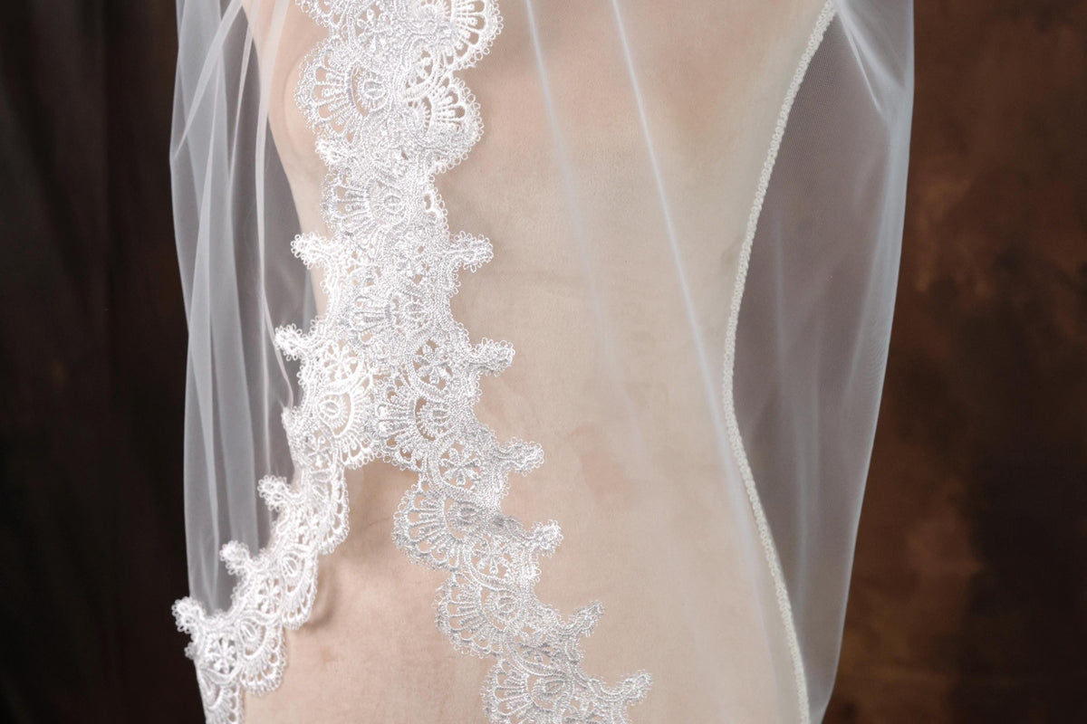 A close-up view of a delicate white lace trim on a wedding veil, with a blurred background.