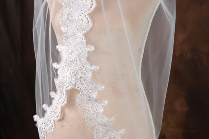 A close-up view of a delicate white lace trim on a wedding veil, with a blurred background.