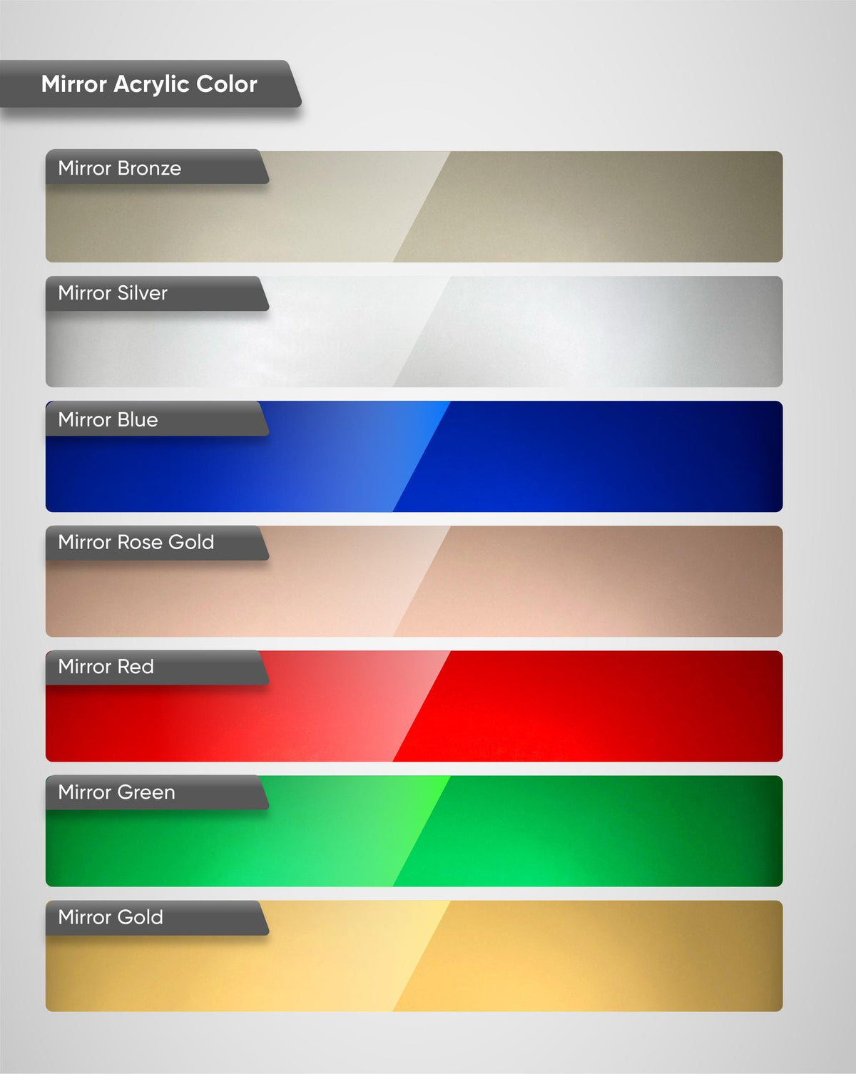 a variety of mirror colors, including Mirror Bronze, Mirror Silver, Mirror Blue, Mirror Rose Gold, Mirror Red, Mirror Green, Mirror Gold, and Mirror Gold.