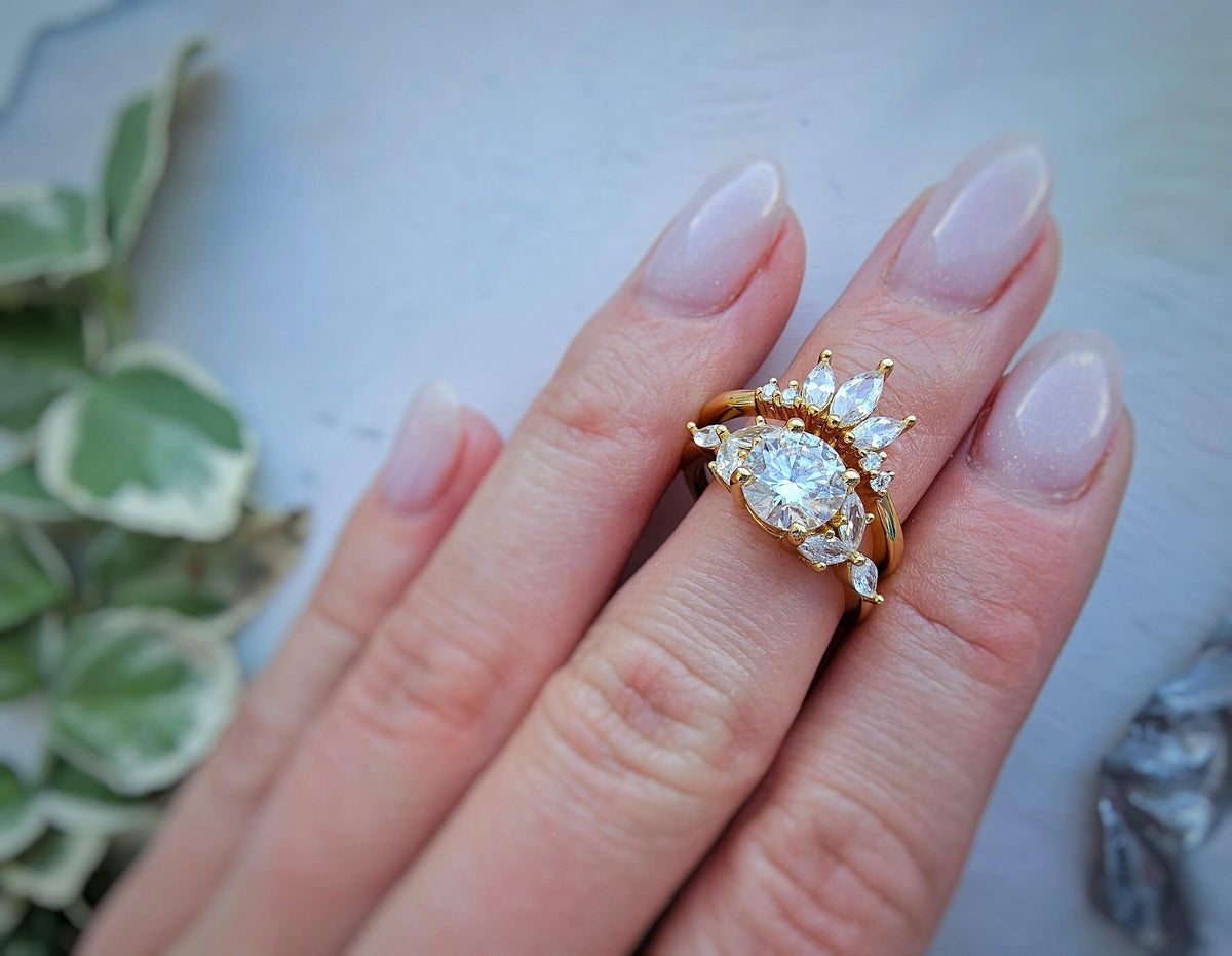 Moissanite Engagement Ring Set: Yellow Gold Plated Silver Wedding Crown