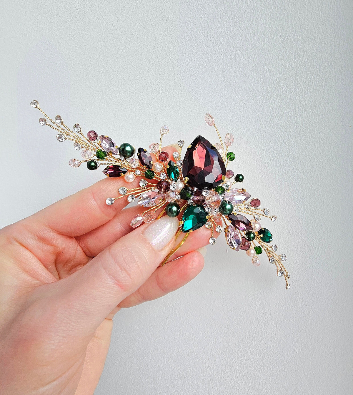 Emerald & Burgundy Crystal Wedding Hair Comb, Bridal Hairpiece, 6 Inch