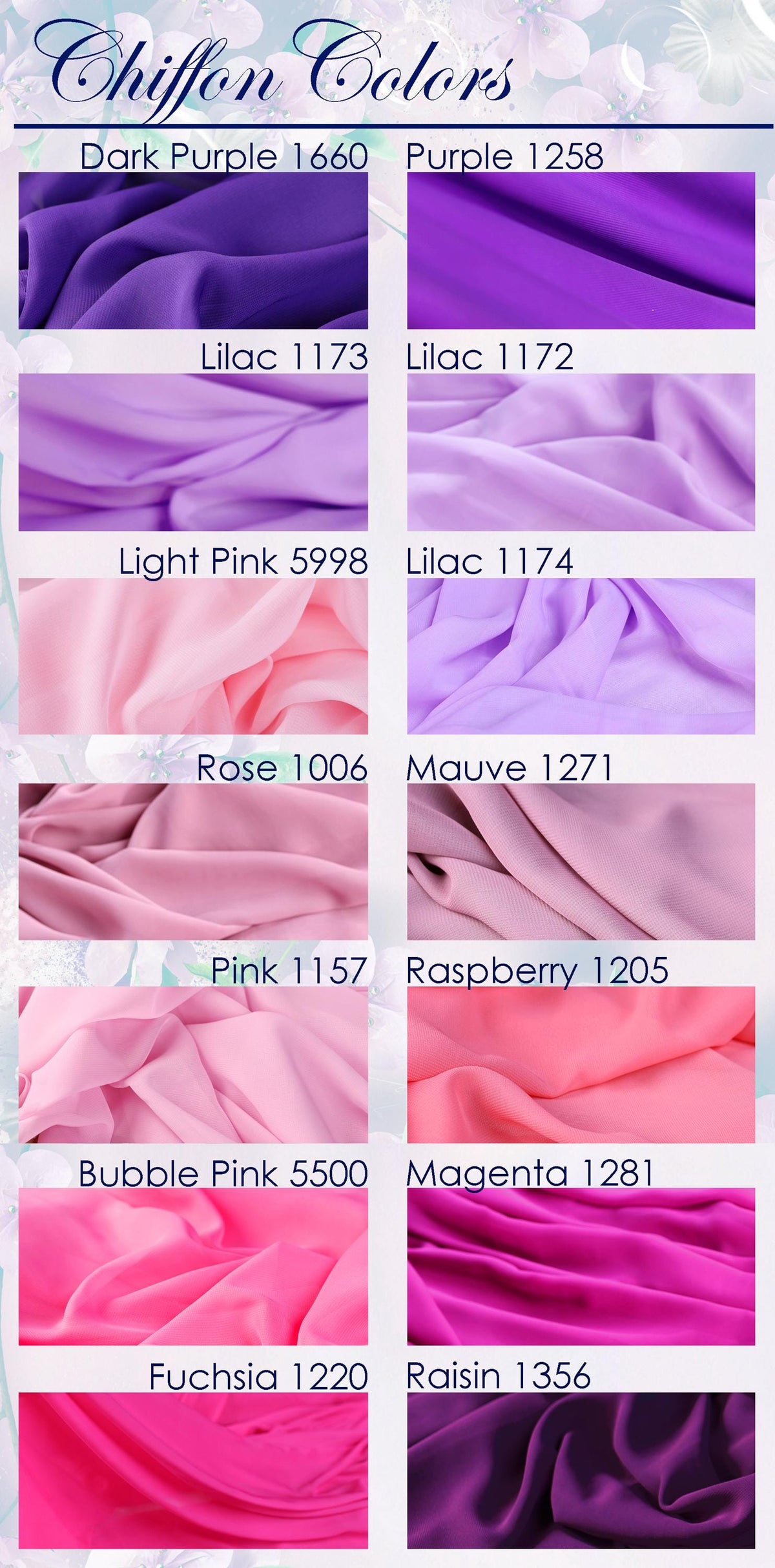 a collection of fabric swatches in various shades of purple, including dark purple, light purple, and lavender. The swatches are arranged in a grid format, with each row representing a different color and each column representing a different shade. The swatches are labeled with their respective names, such as "Dark Purple 1660", "Lilac 1173", "Light Pink 5998", and "Raspberry 1205".