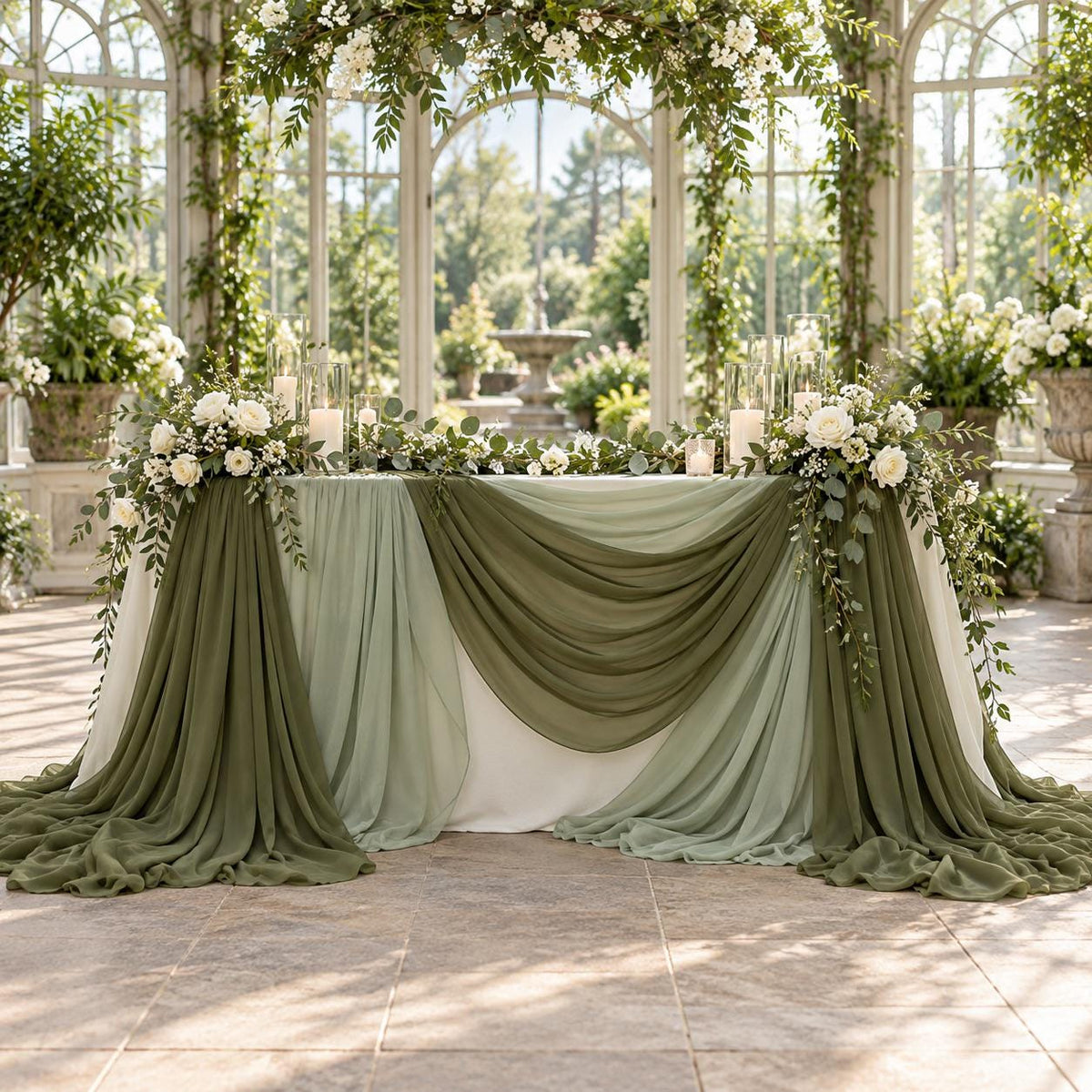 a beautifully decorated wedding reception table with a green and white color scheme. The table is adorned with white flowers and draped with green fabric, creating an elegant and romantic atmosphere. The table is set in a large, well-lit room with large windows, providing a stunning backdrop for the floral arrangements.