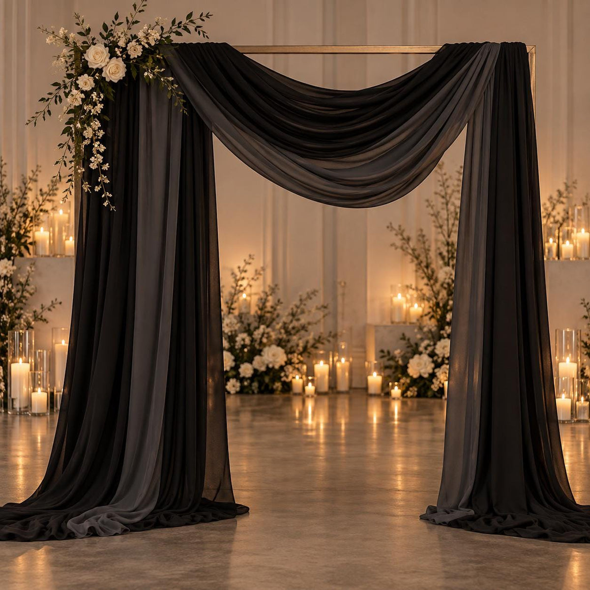 a beautifully decorated wedding arch with a black and gray color scheme, adorned with white flowers and lit candles, creating a romantic and elegant atmosphere.