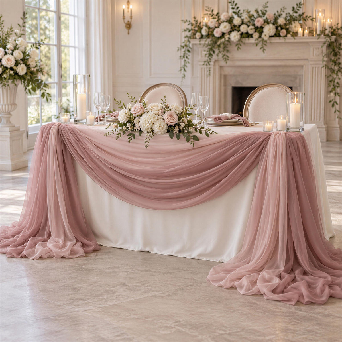 a beautifully decorated wedding reception table with a white tablecloth, pink and white floral arrangements, and a draped table runner. The table is set with wine glasses, plates, and candles, creating an elegant and romantic atmosphere.