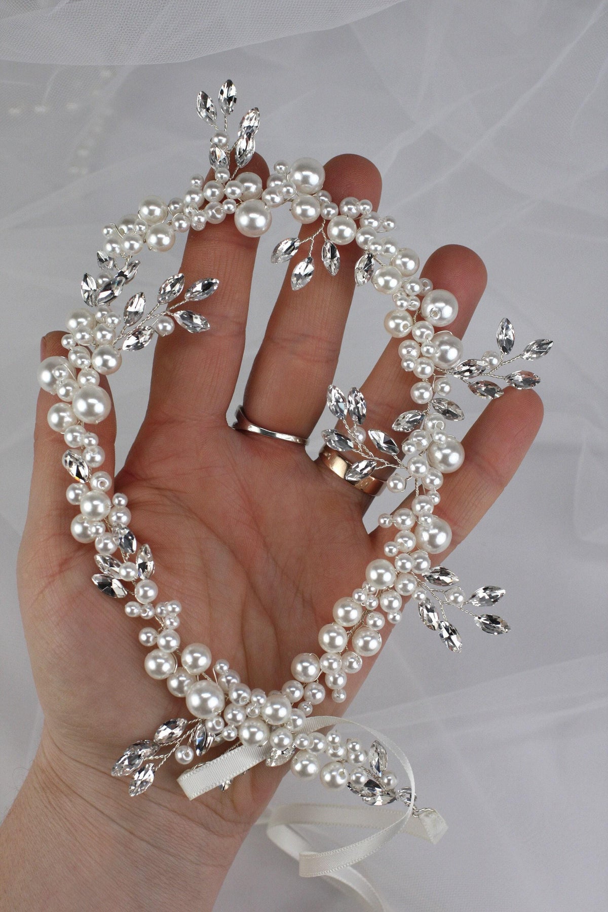 Handmade Pearl Bridal Hair Vine: Silver Floral Wedding Hairpiece