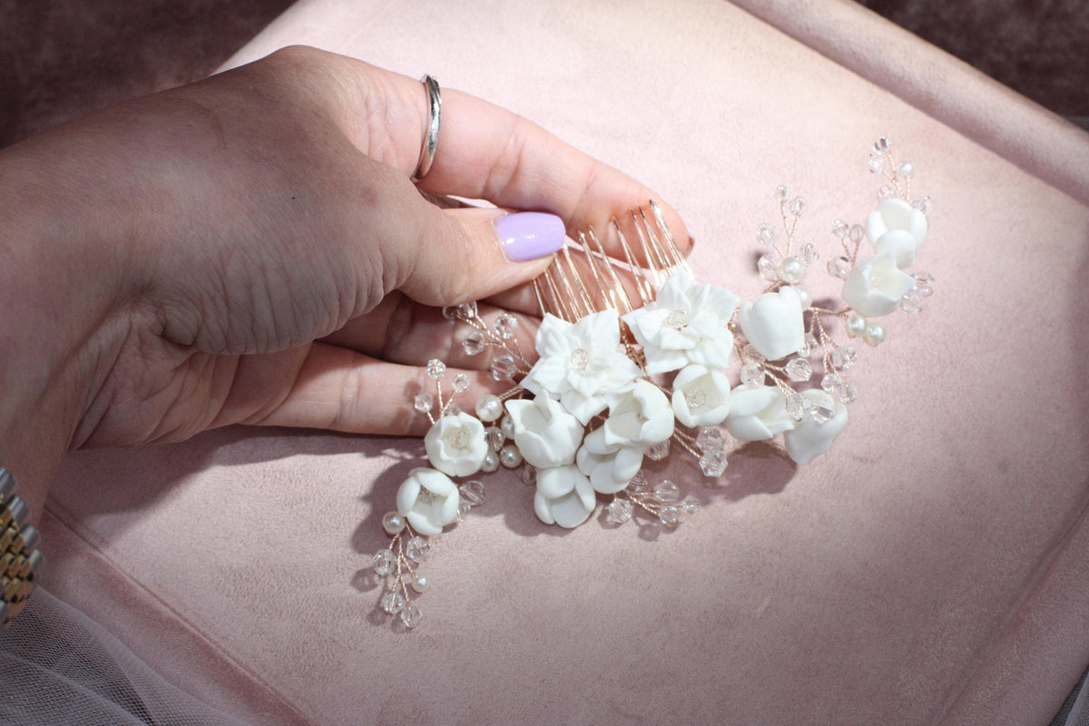 White Porcelain Flower Wedding Hair Comb, Rose Gold Bridal Hairpiece