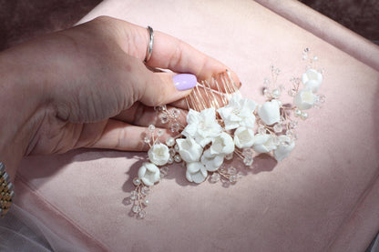 White Porcelain Flower Wedding Hair Comb, Rose Gold Bridal Hairpiece