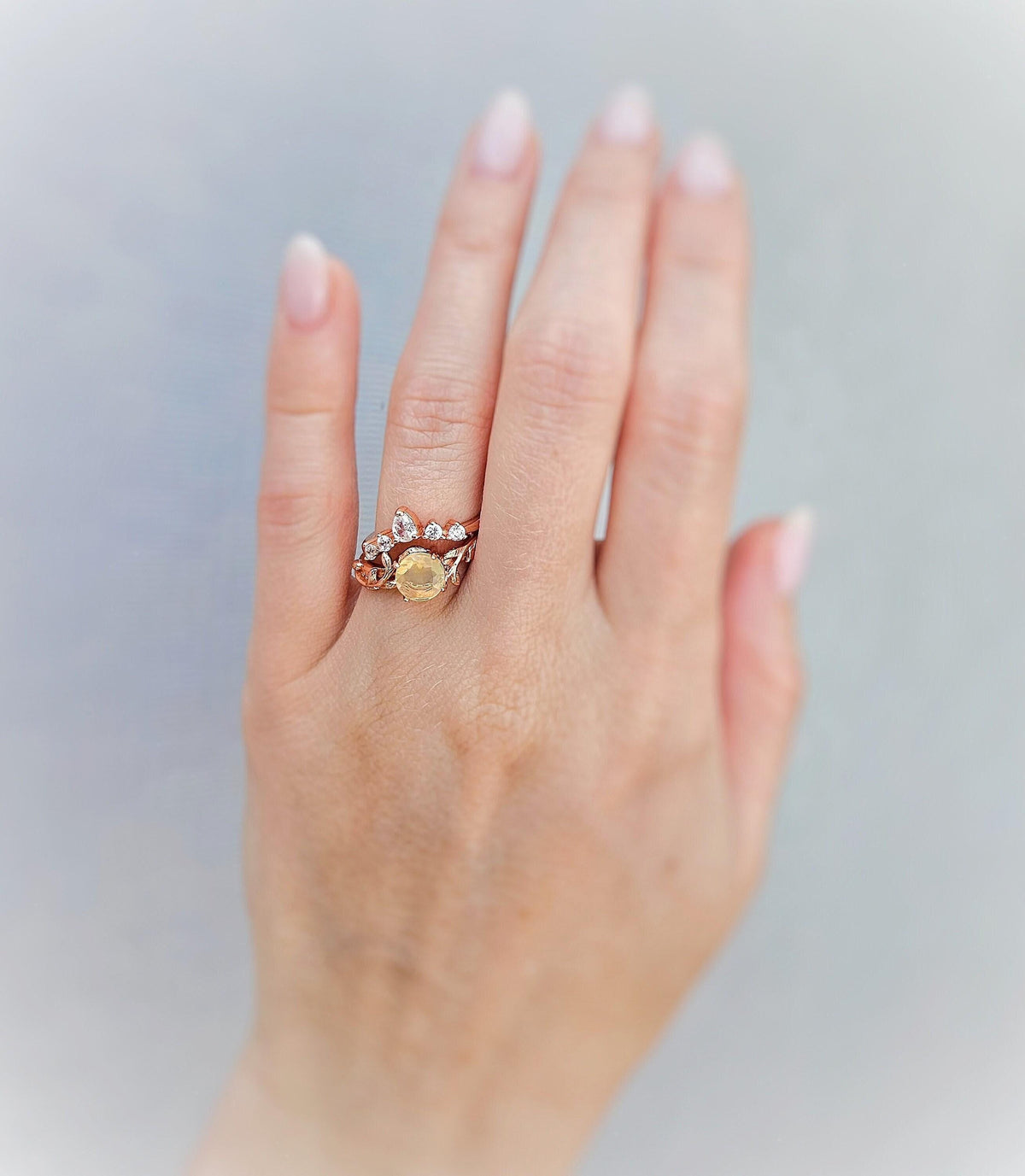 Opal Engagement Ring Set: Rose Gold Leaf & CZ Wedding Band