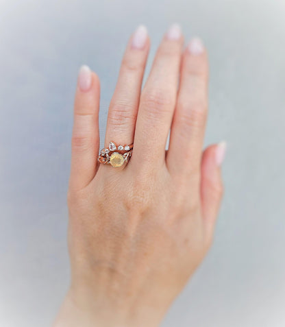 Opal Engagement Ring Set: Rose Gold Leaf & CZ Wedding Band