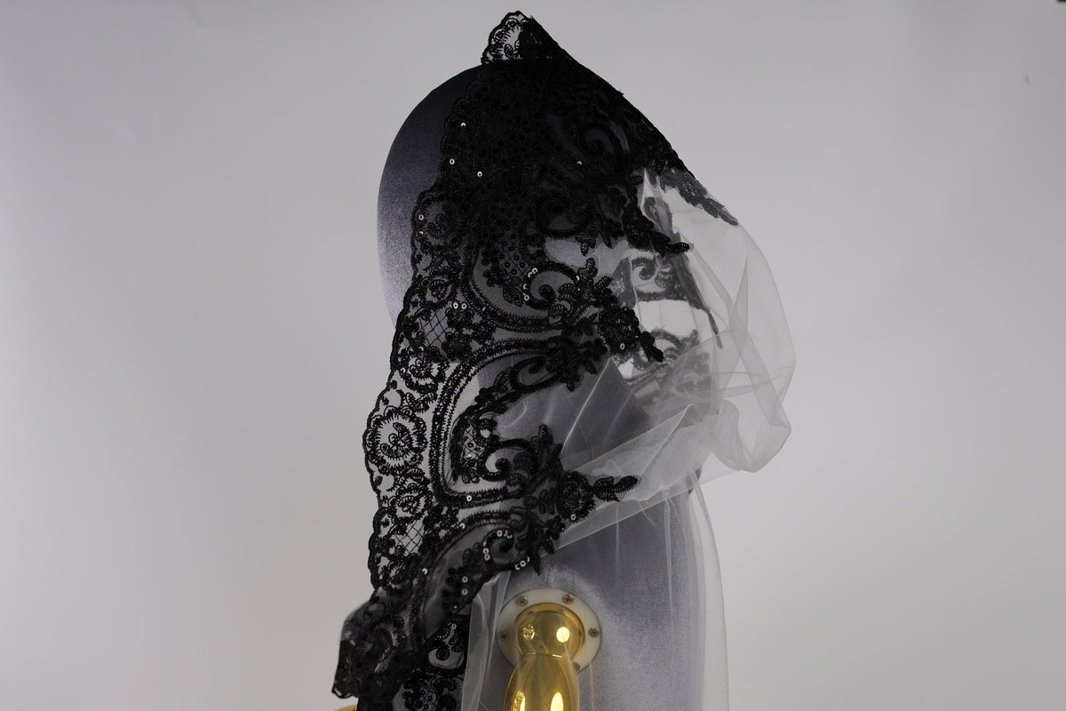 Bridal Cape White with Black Lace Trim, 60 Inch