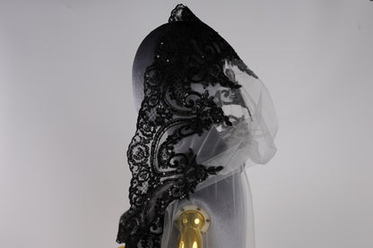 Bridal Cape White with Black Lace Trim, 60 Inch