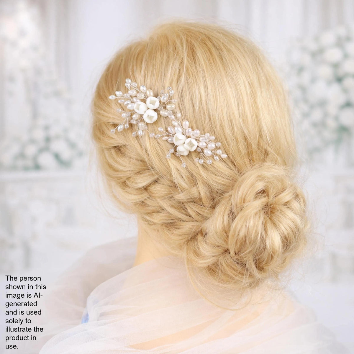 a woman's blonde hair styled in a bun with decorative hair accessories.