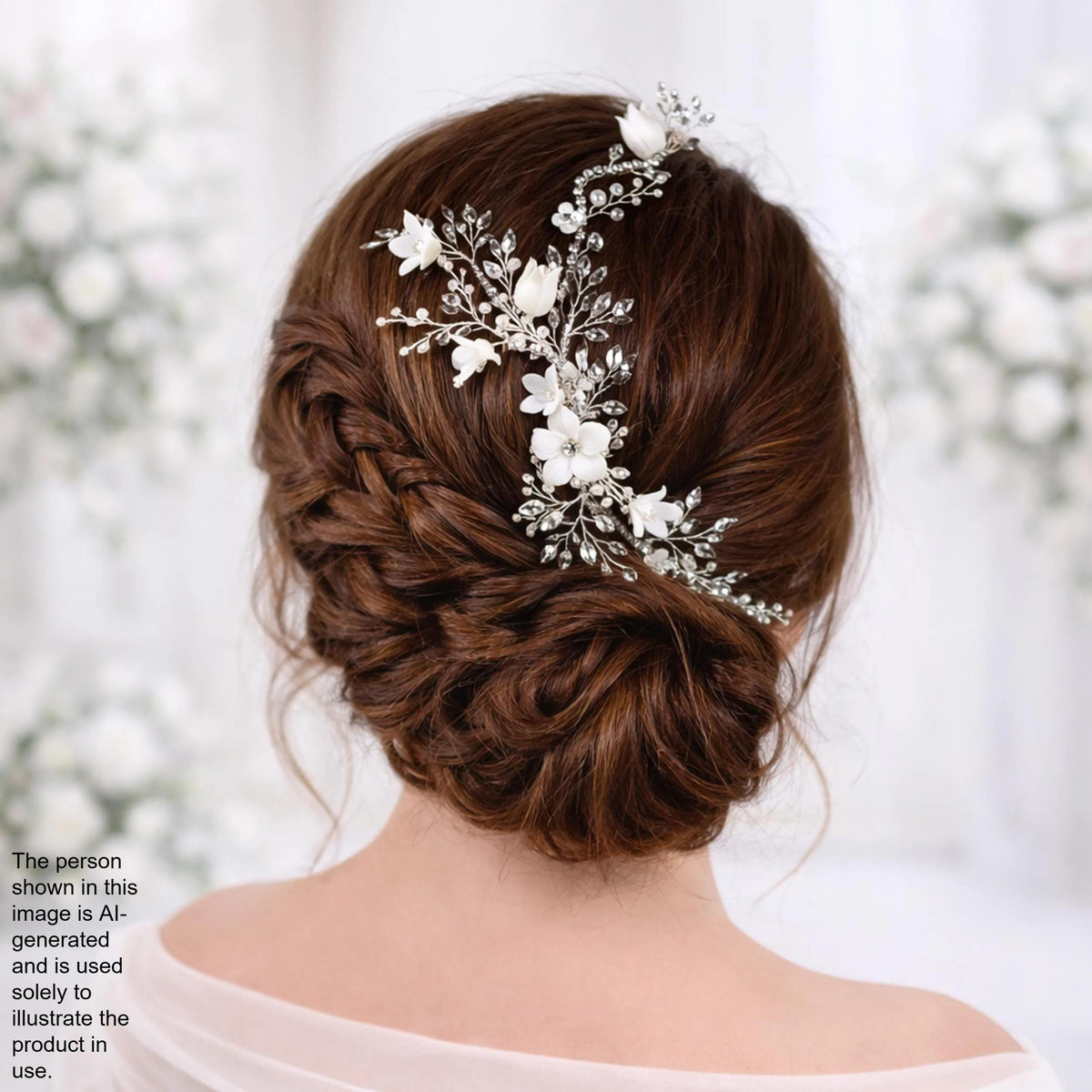 a woman's back view with her hair styled in an intricate updo, adorned with a decorative hair accessory featuring white flowers.