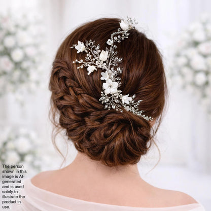 a woman's back view with her hair styled in an intricate updo, adorned with a decorative hair accessory featuring white flowers.