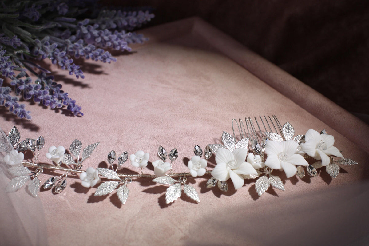 White Porcelain Flower Bridal Comb, Silver Wedding Hair Accessory