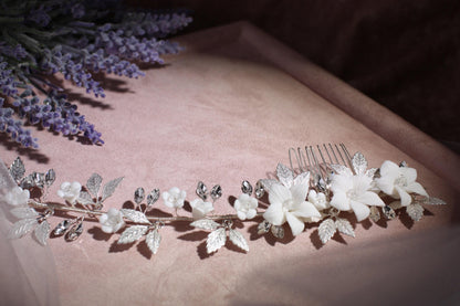 White Porcelain Flower Bridal Comb, Silver Wedding Hair Accessory