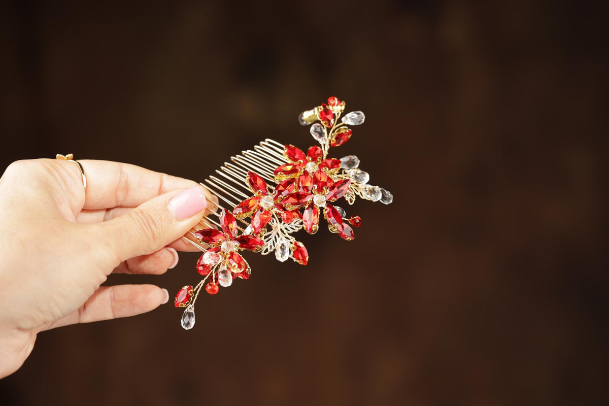 Red Crystal Floral Bridal Hair Comb, Gold Rhinestone Wedding Hairpiece