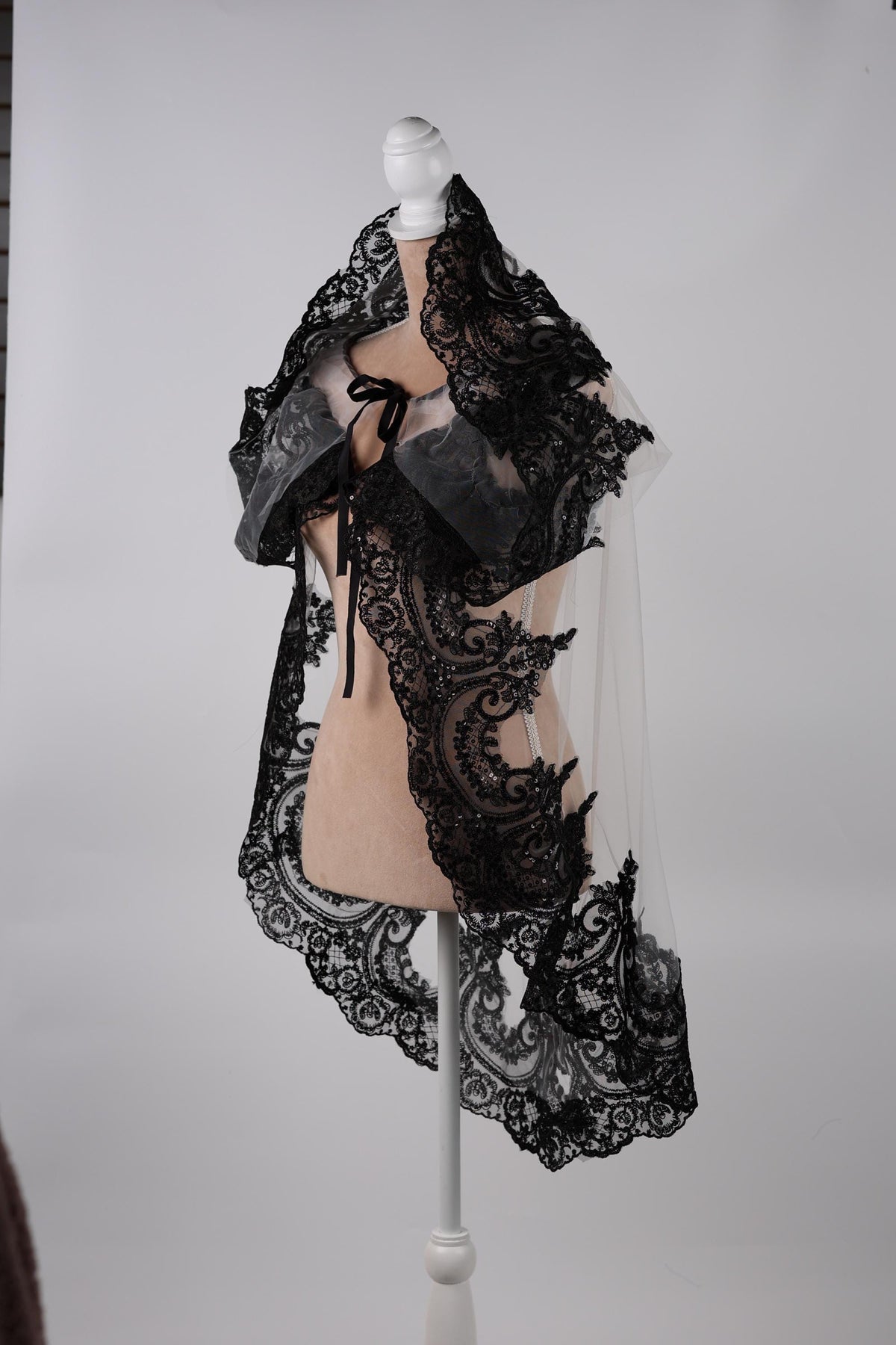 Bridal Cape White with Black Lace Trim, 60 Inch