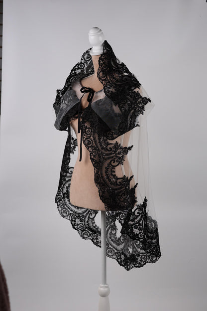 Bridal Cape White with Black Lace Trim, 60 Inch