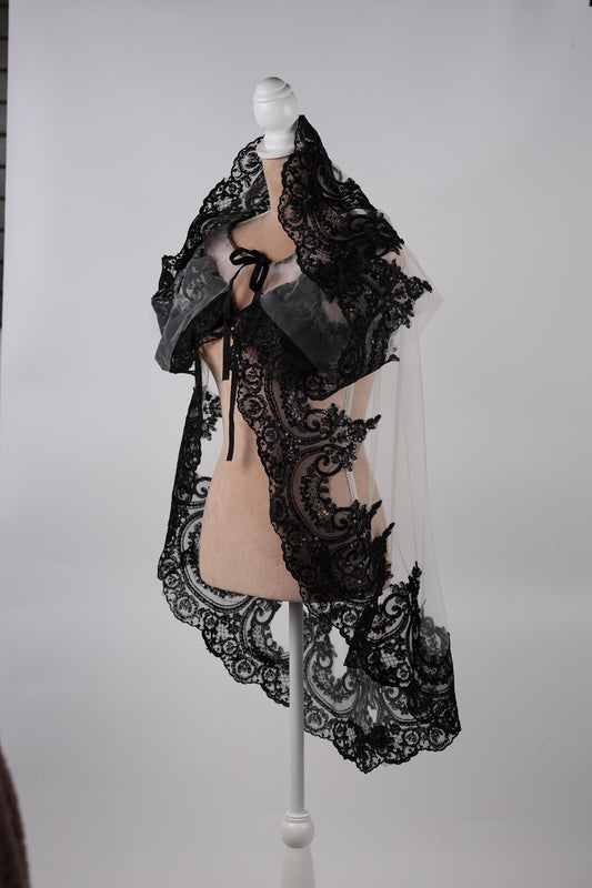 Bridal Cape White with Black Lace Trim, 60 Inch