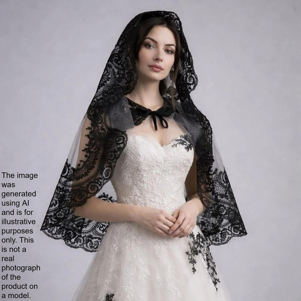 A woman wearing a white wedding dress with a black lace veil stands against a plain background.