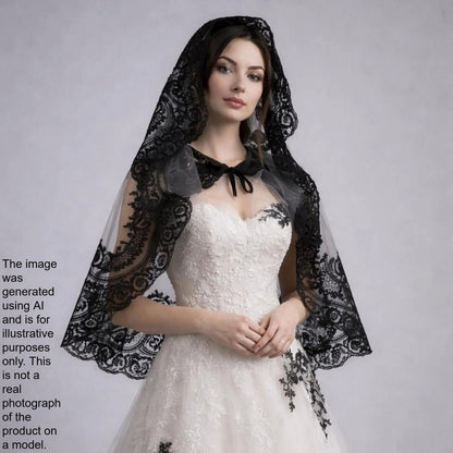 A woman wearing a white wedding dress with a black lace veil stands against a plain background.