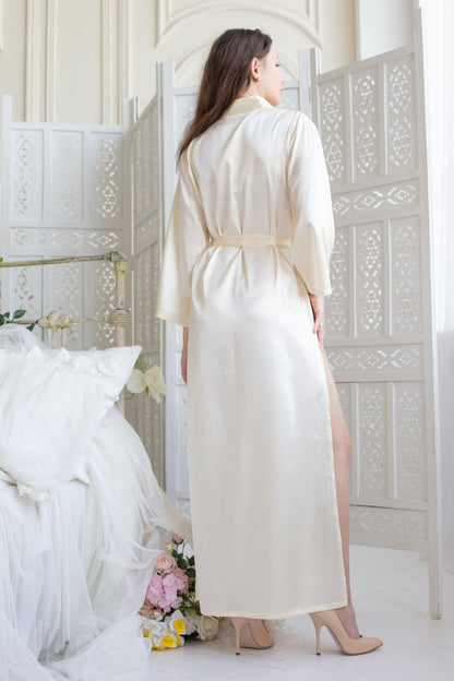 Ivory Satin Bridal Robe, Long Wedding Kimono, Elegant Bride Getting Ready Outfit, Honeymoon Robe