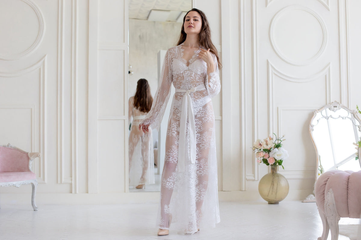 White Lace Bridal Robe, Sheer Wedding Lingerie, Long Bridal Cover Up, Honeymoon Outfit