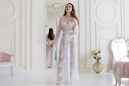 White Lace Bridal Robe, Sheer Wedding Lingerie, Long Bridal Cover Up, Honeymoon Outfit