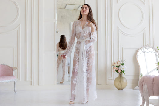 White Lace Bridal Robe, Sheer Wedding Lingerie, Long Bridal Cover Up, Honeymoon Outfit