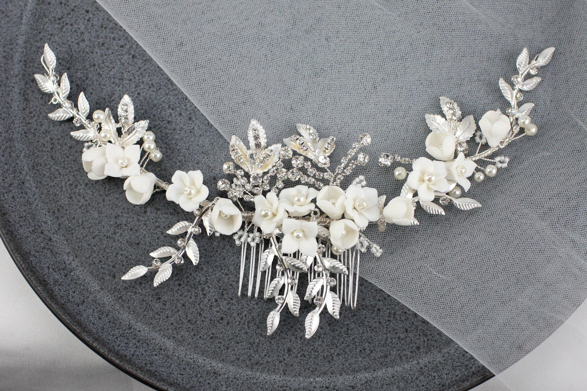 White Porcelain Flower Bridal Comb, Silver Wedding Hair Piece, 6 Inch