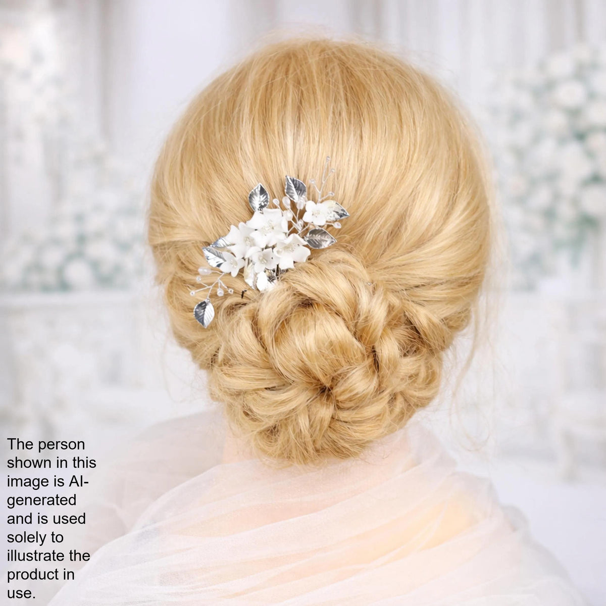 A close-up of a woman's blonde hair with a decorative hair accessory, such as a flower or crystal piece, in the back of her head.