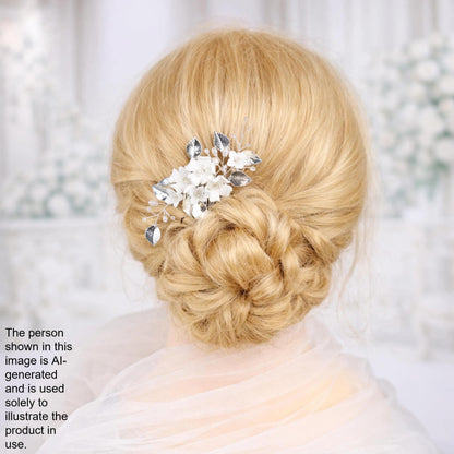 A close-up of a woman's blonde hair with a decorative hair accessory, such as a flower or crystal piece, in the back of her head.
