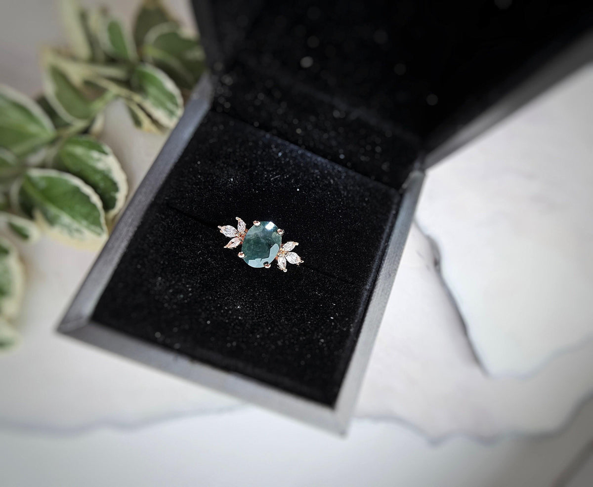 Oval Moss Agate Engagement Ring: Rose Gold Plated Sterling Silver, CZ Accents
