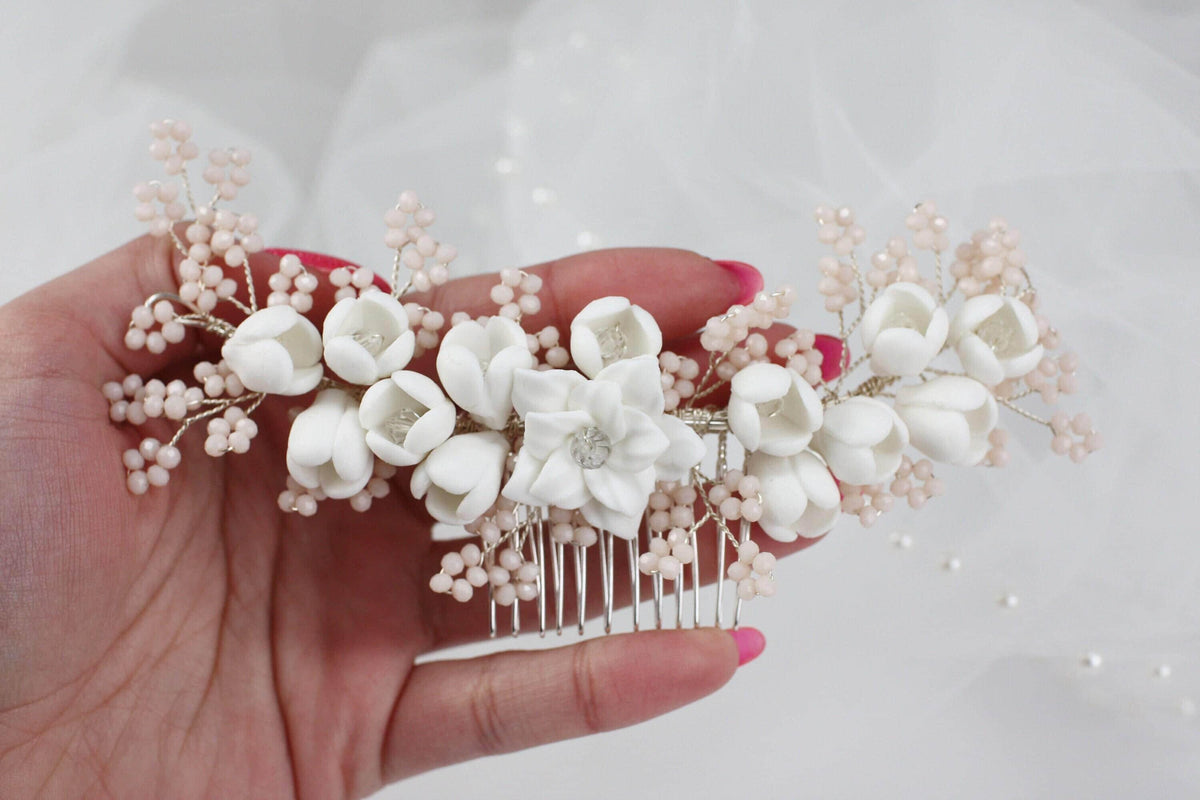 White Porcelain Flower Bridal Comb, Silver Wedding Hair Piece, 6 Inch