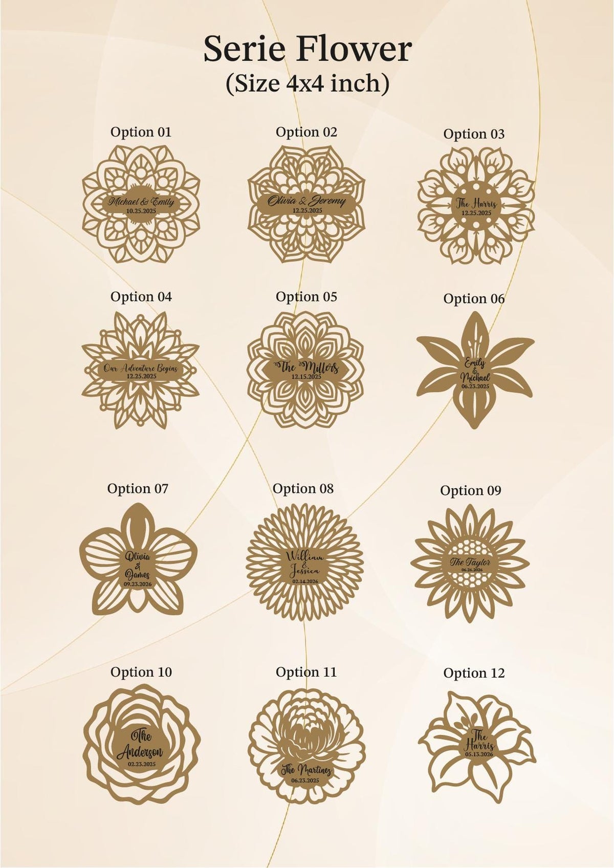 a collection of nine different floral designs, each with a unique style and size. The designs are arranged in a grid format, with three rows and three columns. The text "Series Flower (Size 4x4 inch)" is displayed at the top of the image, indicating the theme or purpose of the designs.