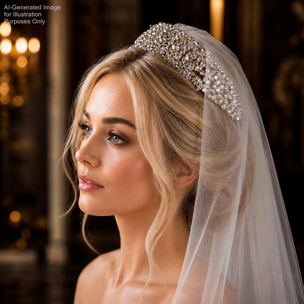 A woman with blonde hair wearing a large, sparkling tiara and veil, looking off to the side with a thoughtful expression.