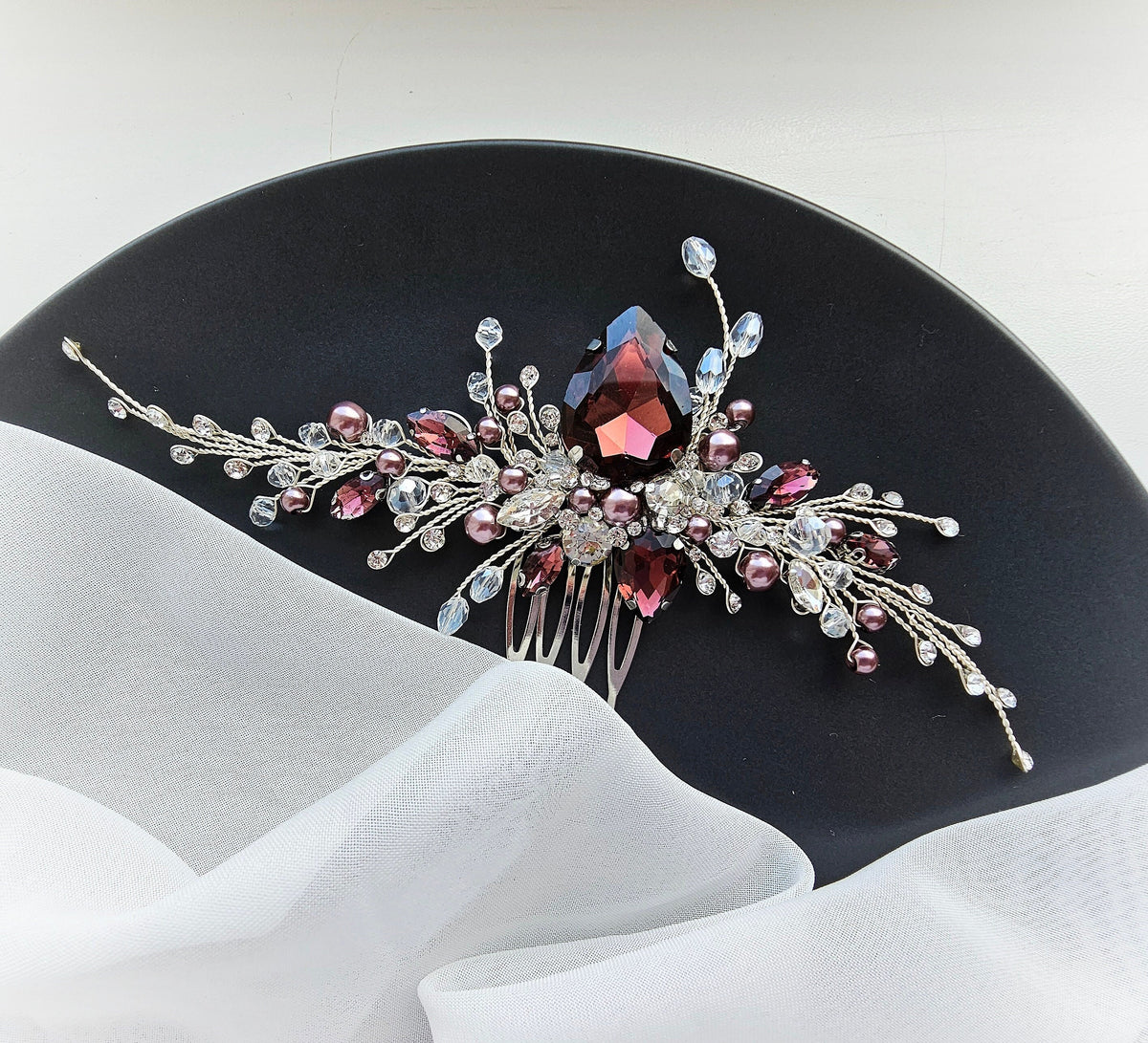 Burgundy Crystal Wedding Hair Comb, Bridal Hair Piece, 6 Inch