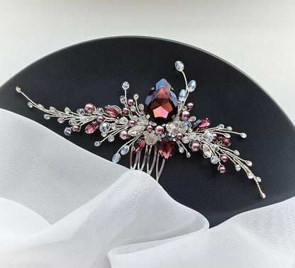 Burgundy Crystal Wedding Hair Comb, Bridal Hair Piece, 6 Inch