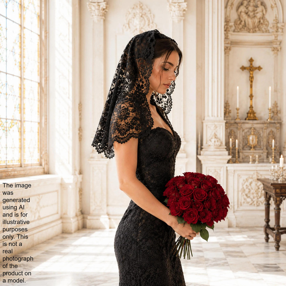 A woman in a black lace dress stands in a grand, ornate room, holding a bouquet of red roses.
