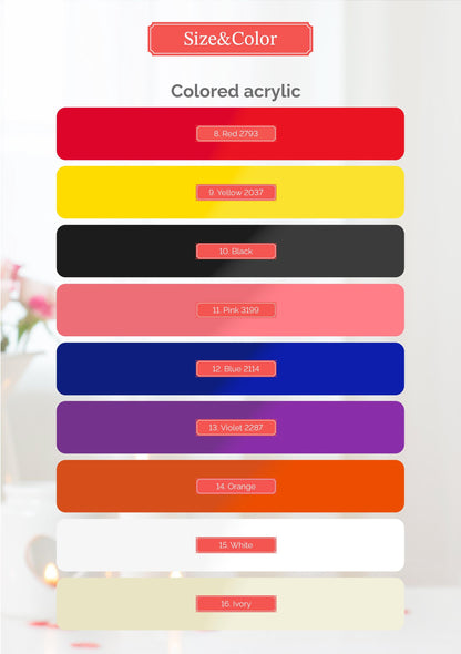 a color chart with various colored acrylic paint swatches, each corresponding to a specific color. The chart is titled "Size&Color" and provides color names and swatch numbers for each color.