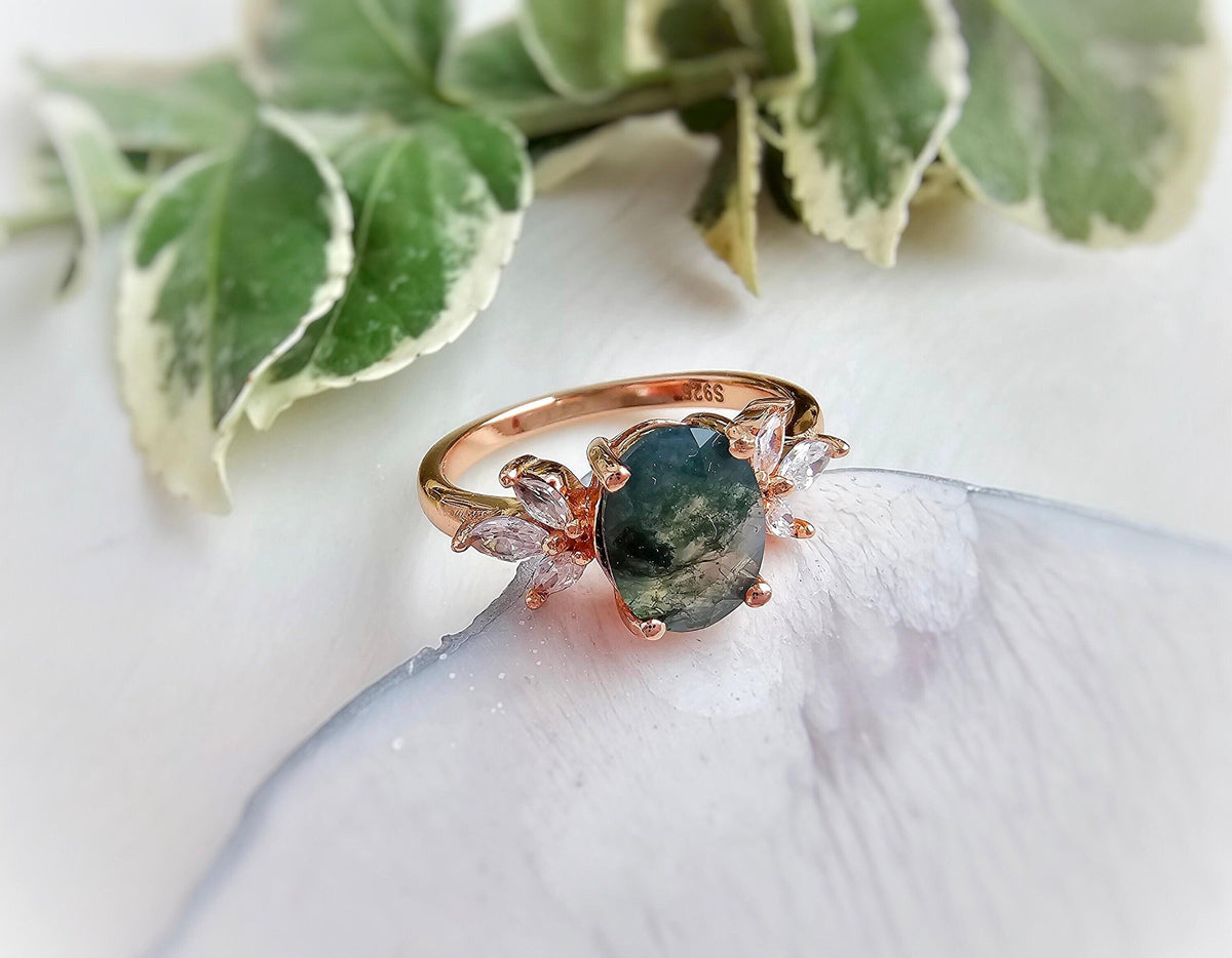 Oval Moss Agate Engagement Ring: Rose Gold Plated Sterling Silver, CZ Accents