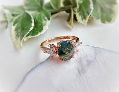 Oval Moss Agate Engagement Ring: Rose Gold Plated Sterling Silver, CZ Accents