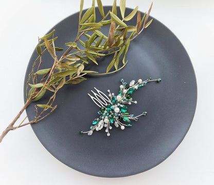 Emerald Crystal Bridal Hair Comb, Silver Wedding Hair Piece, Pearl Hair Jewelry