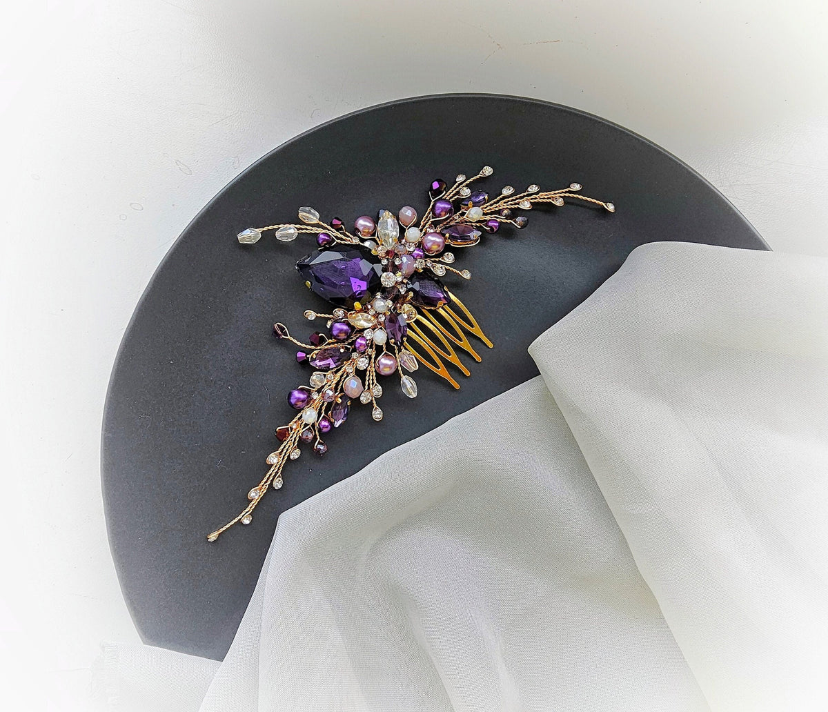 Purple Crystal Wedding Hair Comb: Handmade Violet Bridal Hairpiece